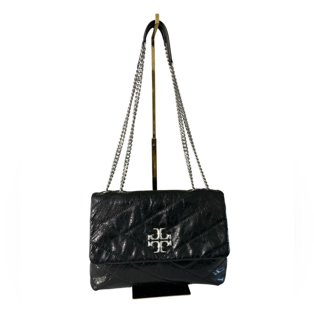 Tory Burch Kira Black Glazed Leather Crossbody Shoulder Bag Silver Hardware